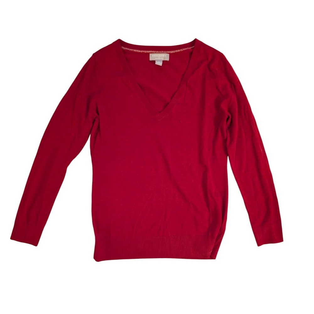 Banana Republic Women's Red 100% Extra Fine Merino Wool V-Neck Sweater- Medium‎